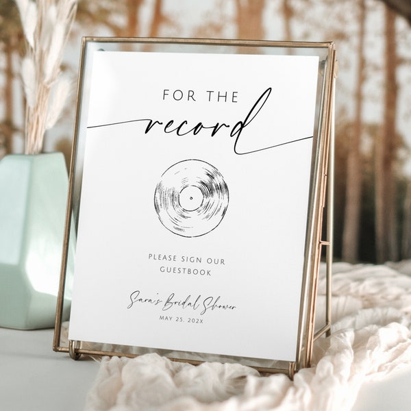 For The Record Sign Our Guestbook. Minimalist Bridal Shower Decor. Editable Template. Audio Guest book Sign. Record Wedding Guestbook. GRD