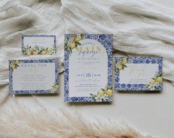 Blue Tile Lemon Baby Shower Invitation Bundle. Editable Mama's Main Squeeze Template. Instant Download. Printable Set. Diaper Raffle. BS52