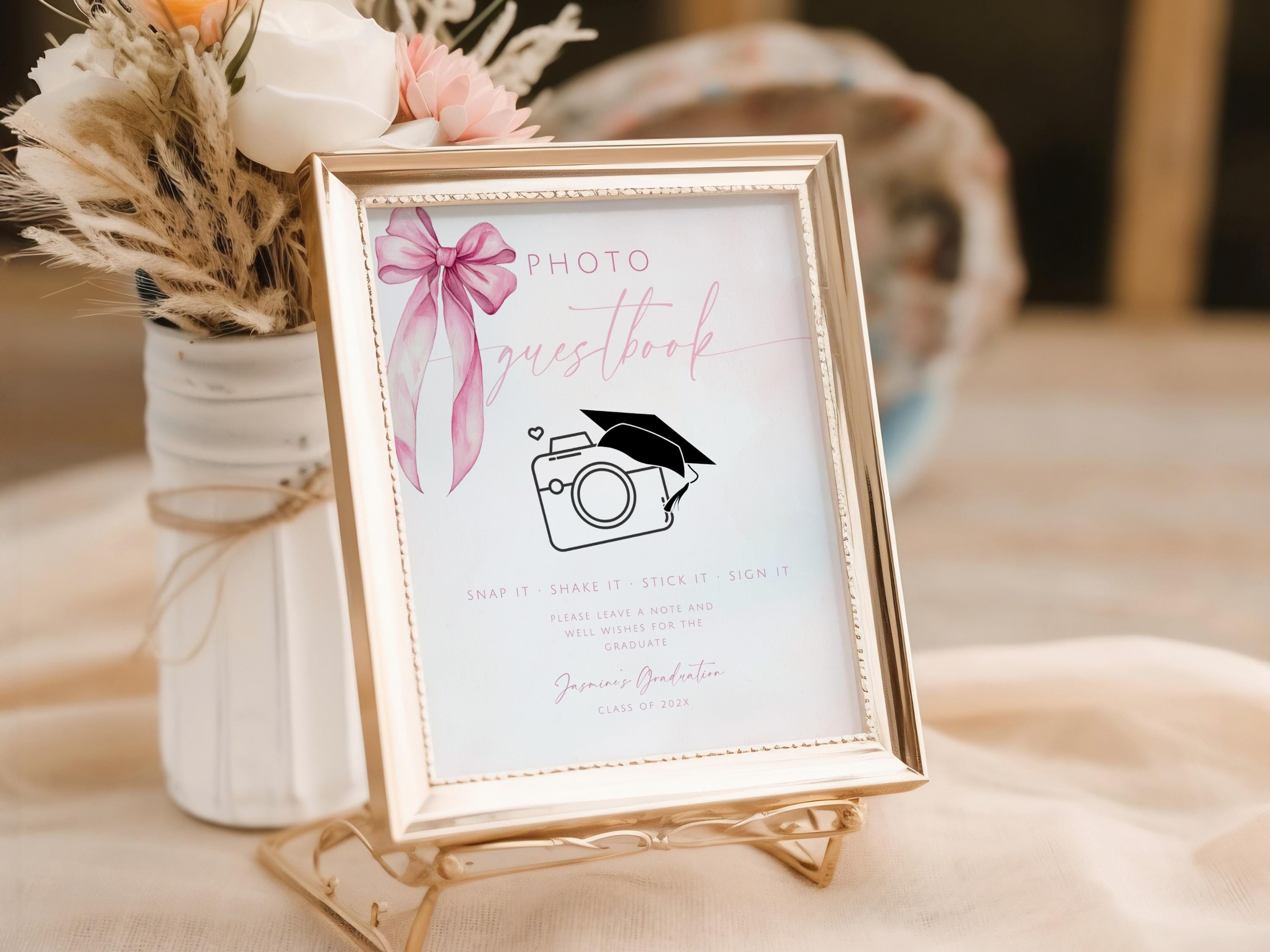 Pink Bow Photo Guestbook Graduation Sign. Polaroid Grad Guestbook. Printable Class of 2025 Coquette Party Decor. Editable Template. SCH3