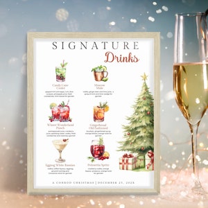 Enseigne de boissons signature de Noël. Modèle modifiable. Menu du bar des fêtes de fin d'année. Panneau personnalisé. Cocktail de fête. Téléchargement instantané. Panneau imprimable.
