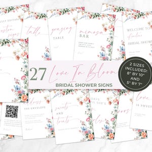 May include: A collection of 27 bridal shower signs with floral borders. The signs include phrases like "Cards and Gifts", "Mimosa Bar", and "Welcome to Bridal Shower". Two sizes are included: 8" by 10" and 5" by 7".