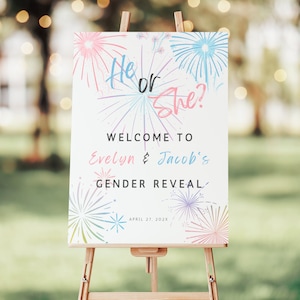 Firework Gender Reveal Welcome Sign. Pink and Blue Little Firecracker. Couples Co-ed Baby Shower. Editable Template. Digital Download. GR03