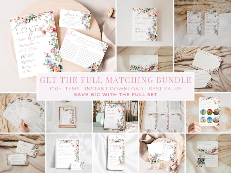 May include: A collection of floral-themed stationery items, including invitations, recipe cards, and tags. The designs feature watercolor flowers in pink, blue, and peach hues. Text includes "Love in Bloom" and "Get the Full Matching Bundle".