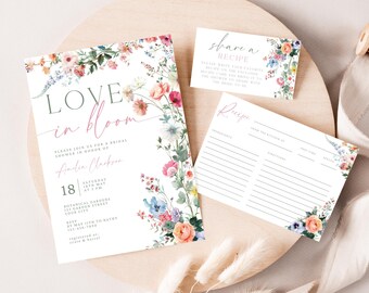 Love Is In Bloom Bridal Shower Invite And Recipe Cards. Editable Wildflower Invitation Template. Printable Spring Florals Registry. FLL01