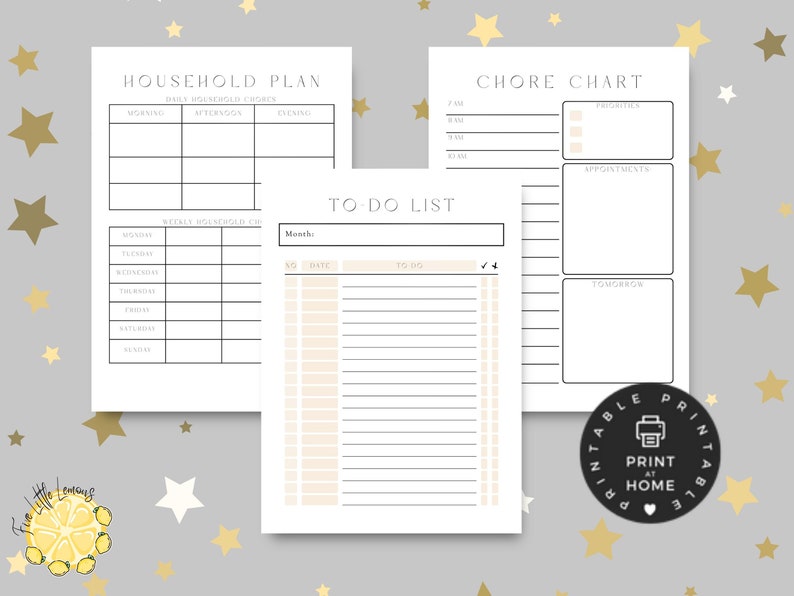 Op de afbeelding: Printbare plannerpagina's met een zwart-wit ontwerp. De pagina's bevatten een huishoudplan, een klusjeslijst en een to-dolijst. De pagina's zijn ontworpen om thuis te worden afgedrukt.