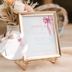 Pink Bow Advice and Wishes Graduation Sign. Coquette Grad Advice. Editable Table Sign And Card. Well Wishes Sign. Grad Party Decor. SCH3