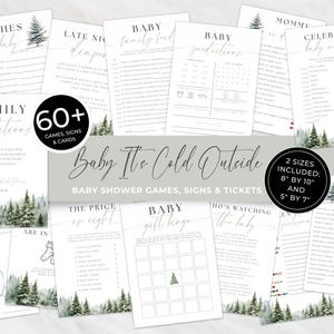 May include: A selection of baby shower games and signs with a winter theme. The designs feature various game cards, including "Wishes for Baby" and "Baby Gift Bingo." The set includes two sizes: 20.3 cm by 25.4 cm and 12.7 cm by 17.8 cm.