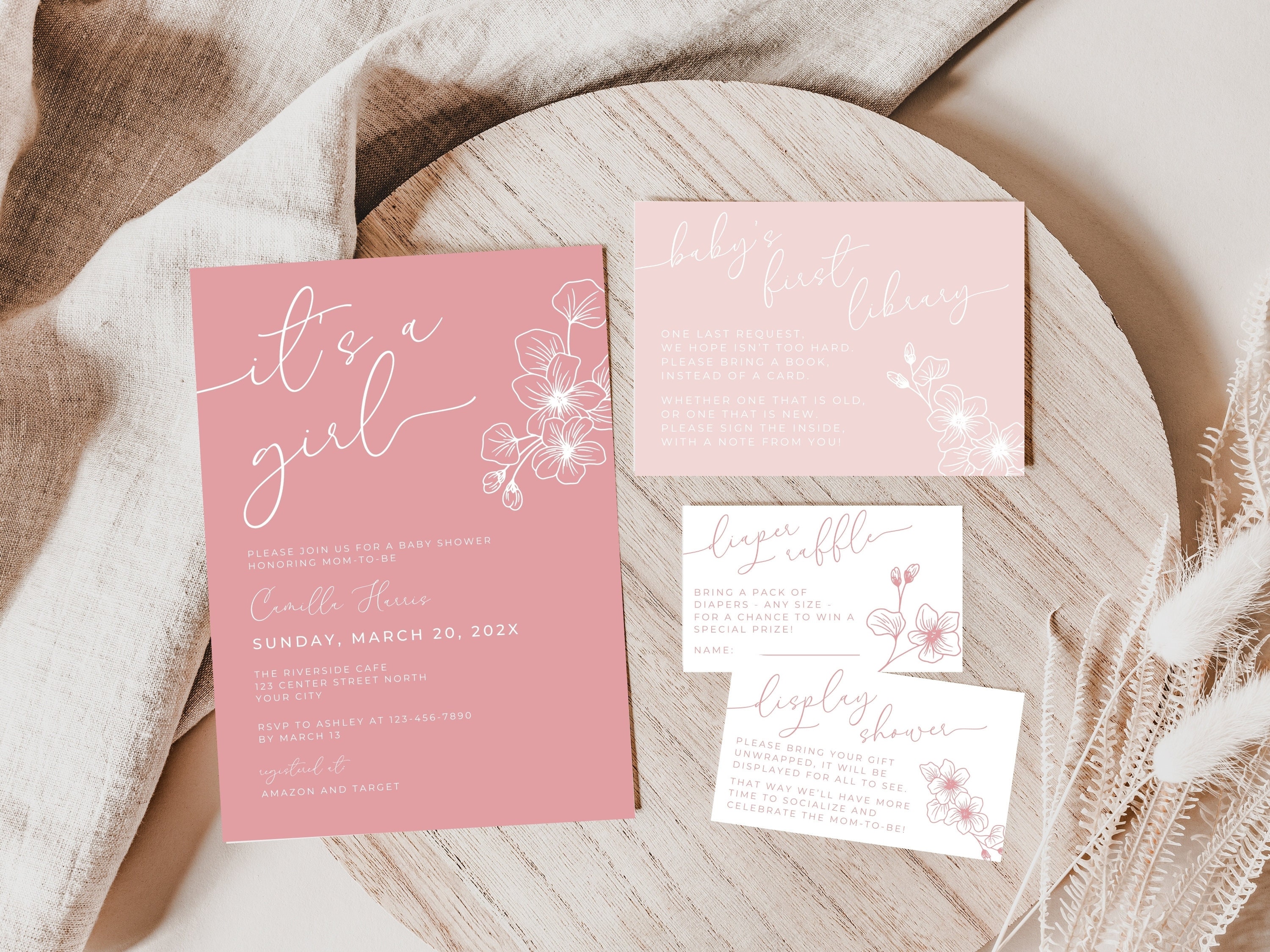 It's A Girl Baby Shower Invite Set. Boho Minimalist Dusty Pink Invitation Bundle. Editable Template. Diaper Raffle. Books For Baby. BS61