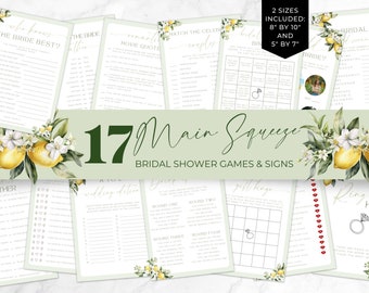 May include: A set of 17 printable bridal shower games and signs featuring a lemon and floral theme. The games include "Who Knows the Bride Best?", "Movie Quotes", "Match the Celeb Couples", "Bingo", "Would You Rather", "Wedding Edition", "Guess the Ring", and "Ring Hunt".