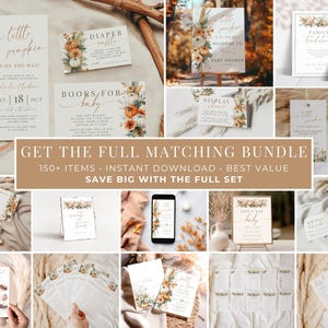 May include: A collection of baby shower stationery templates featuring a pumpkin and floral theme. The set includes invitations, diaper raffle cards, book request cards, welcome signs, and various game cards with text in a mix of serif and script fonts.
