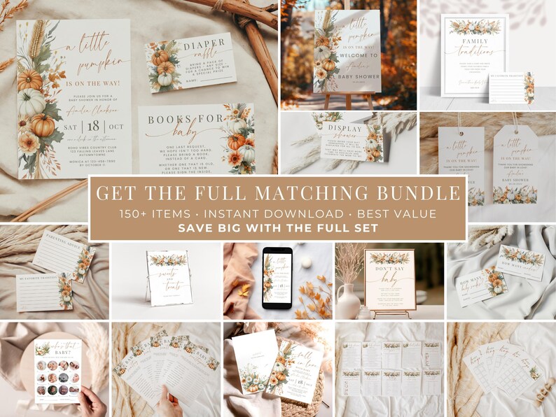May include: A collection of baby shower stationery templates featuring a pumpkin and floral theme. The set includes invitations, diaper raffle cards, book request cards, welcome signs, and various game cards with text in a mix of serif and script fonts.