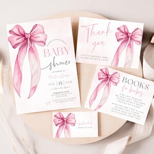 Pink Bow Baby Shower Invitation Bundle. Printable Coquette Invite. Editable Template. Instant Download. Diaper Raffle. Thank You Card. BS02P