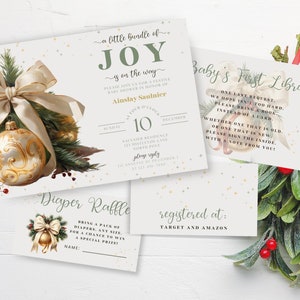 Christmas Ornament Baby Shower Invitation Bundle. Winter Baby Shower. Editable A Little Bundle Of Joy Invitation Set. Gender Neutral. FLL84