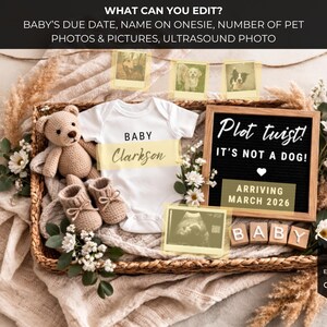 Pu&ograve; includere: Annuncio di nascita con un body bianco, scarpine e un orsacchiotto in un cestino di vimini. L'annuncio include il testo "Plot twist! It's not a dog! Arriving March 2026" e il nome del bambino.