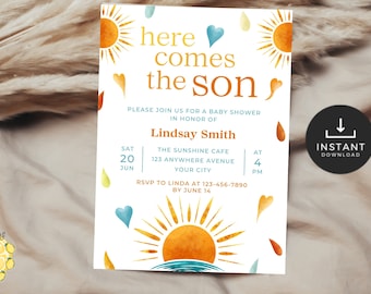 Here Comes the Son Baby Shower Invite. Editable Sunshine Baby Shower Invitation. Boy Sonshine Shower. Blue Orange. Printable Invite. BS13