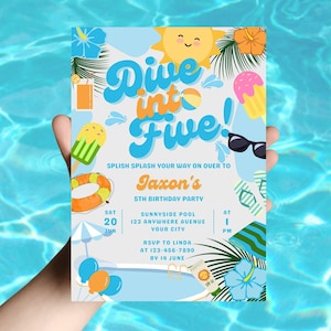 Dive Into Five Birthday Invitation. Boys 5th Birthday Party Invite. Summer Birthday Party. Blue Pool Invitation. Swim Party. HB02