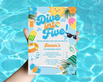 Pool Party 5th Birthday Invitation, Dive Into Five (Digital Download) HB02