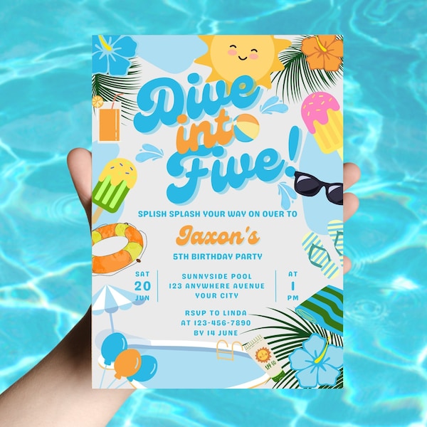 Dive Into Five Birthday Invitation. Boys 5th Birthday Party Invite. Summer Birthday Party. Blue Pool Invitation. Swim Party. FLL47