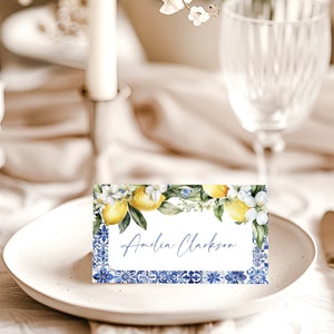 Blue Tile Lemon Decor. Personalized Name Card. Main Squeeze Place Cards. Printable Tent Place Card. Editable Template. Flat & Folded. FLL52