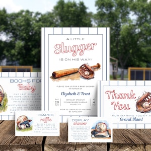 A Little Slugger Is On The Way Baby Shower Invitation Bundle. Printable Baseball Invite Set. Rookie All Star Baby. Editable Template. BS78