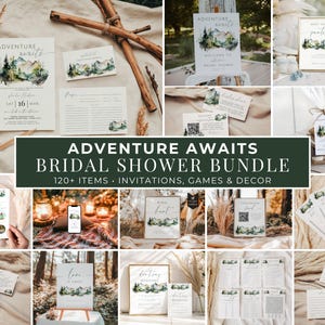 Op de afbeelding: Een verzameling briefpapier en decoratie-artikelen voor een bruidsfeest met een natuurthema. De ontwerpen bevatten aquarel illustraties van bergen en bomen. De tekst "Adventure Awaits" is zichtbaar op verschillende items, samen met de datum "16 maart".
