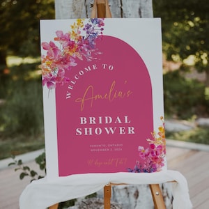 Hot Pink Floral Bridal Shower Welcome Sign. Bright Pink And Orange Welcome Poster Printable. Editable Template. Instant Download. FLL44