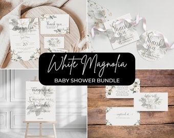 White Magnolia Baby Shower Bundle. It's A Girl Baby Shower. White Floral Pack. Printable Sweet Magnolia. Editable Instant Download. FLL18
