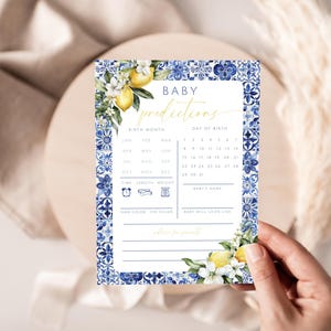 Lemon Theme Predictions Baby. Gender Neutral Baby Adice Printable. Editable Template. Instant Download. Citrus Italian Blue Tile Card. BS52