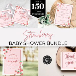 Strawberry Baby Shower Bundle. Editable Invitation. Girl Berry Sweet Invite Games Signs Favor Tag. Printable Instant Download. Welcome. BS42