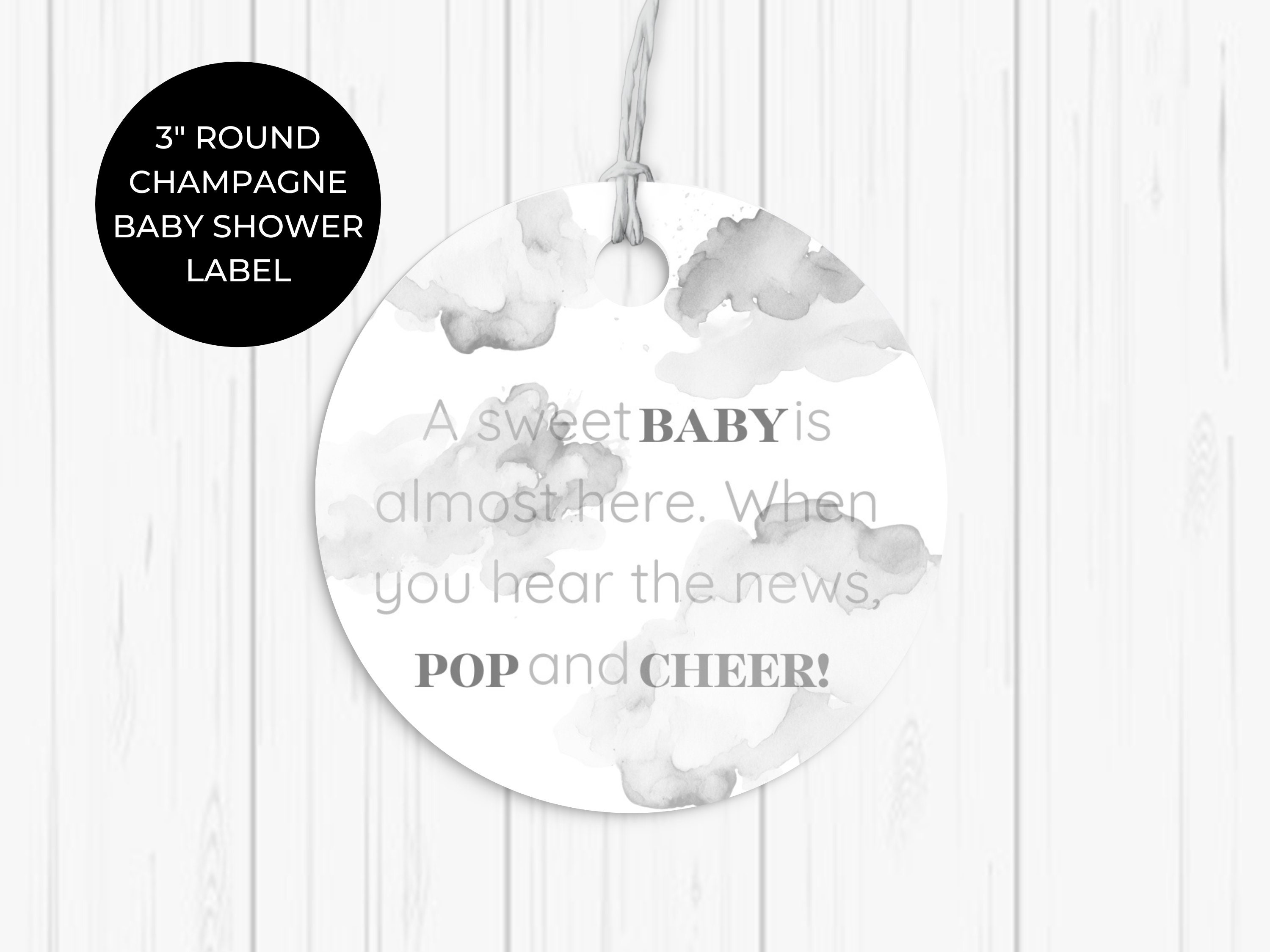 Champagne Baby Shower Label Printable. Grey Cloud 9 Favor Tag. Baby