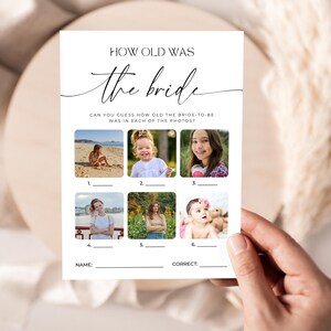 How Old Is The Bride Game Cards. Modern Minimalist Bridal Shower Game Template. Photo Age Guessing Game. Printable Instant Download. GRD