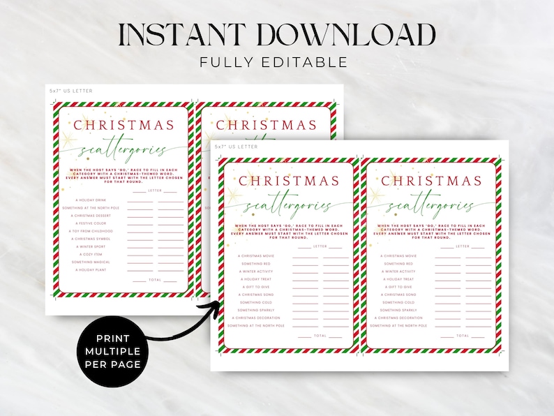 Christmas Scattergories Game 5 Different Versions Family Holiday Fun