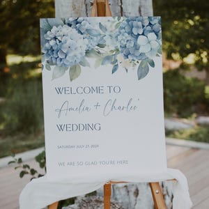 Wedding Welcome Sign With Blue Hygrangeas. Blue Hydrangea Wedding Poster. Dusty Blue Floral Welcome. Printable Editable Template. WED4
