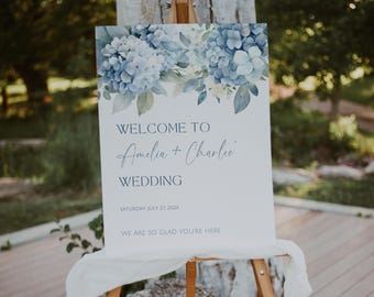 Wedding Welcome Sign With Blue Hygrangeas. Blue Hydrangea Wedding Poster. Dusty Blue Floral Welcome. Printable Editable Template. WED4