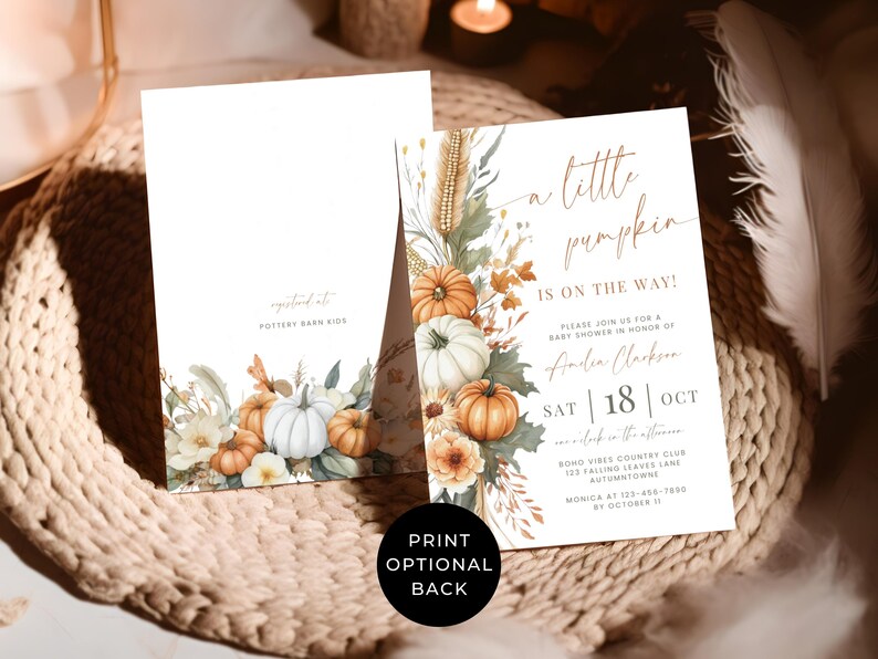 May include: Two rectangular baby shower invitation cards featuring watercolor illustrations of orange and white pumpkins, dried wheat, and autumn leaves. The front card displays the text A little pumpkin is on the way, Amelia Clarkson, and event details. The back card is blank.