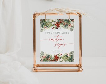 May include: A white sign with a green and red floral design. The sign says "FULLY EDITABLE custom signs" and "Use this template to create unlimited personalized signs". The sign is on a copper stand.