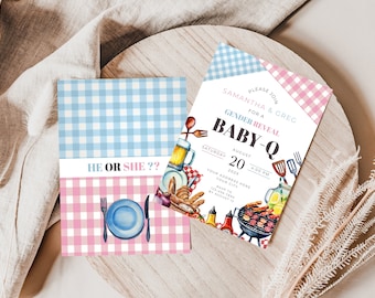 Baby Q Gender Reveal Invitation. Couples Barbeque Boy or Girl. Blue or Pink. He or She What Will Baby Be? Editable Template. Printable. GR04