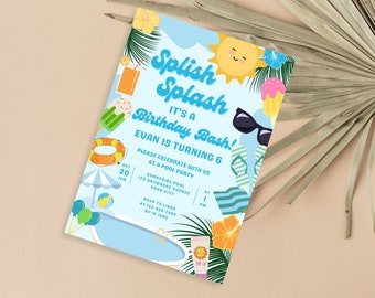6th Birthday Boy Invitation Pool Party Kids Swimming Invite INSTANT DOWNLOAD Summer Birthday Six year old boy party Printable Editable. HB02