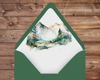 Envelope Liners Mountain. Printable. A7 Euro and Square Flap 4 Bar. Instant Download. Canva Template. Forest Mountain Liner. Rustic Outdoor