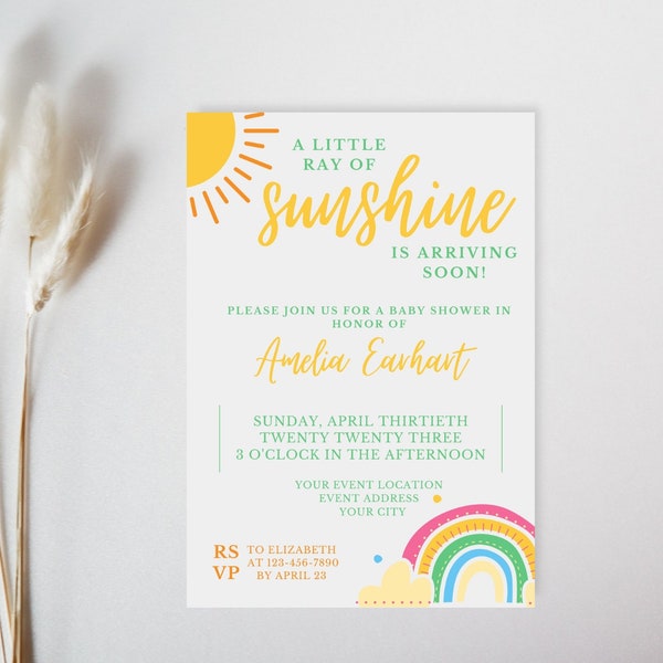 Little Ray of Sunshine Baby Shower Invitation. DIGITAL DOWNLOAD. Boho Sun and Rainbow. Gender Neutral Invite. Co-ed Shower. EDITABLE. FLL40