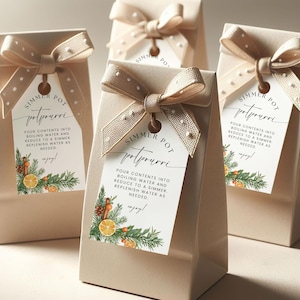 May include: Four beige paper gift bags tied with dotted ribbon and tags that read "Simmer Pot Potpourri." The tags feature text and a botanical illustration of orange slices, pine, and cinnamon. The bags are for potpourri.