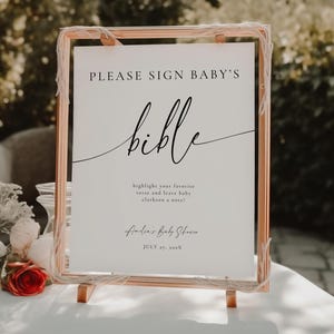 Baby Bible For Guest Book. Modern Minimalist Please Sign Baby&#39;s Bible Signage. Editable Template. Bible Guestbook Printable Table Sign. GRD