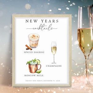 Panneau de boissons signature du Nouvel An. Modèle modifiable. Menu du bar des fêtes de fin d'année. Cocktail de fête. Téléchargement instantané. Impression personnalisée. HOL2
