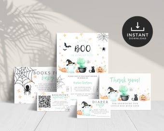 A Little Boo Is Almost Due Invitation Bundle. Editable Halloween Baby Shower Template. Printable Gender Neutral Set. Instant Download. BS83