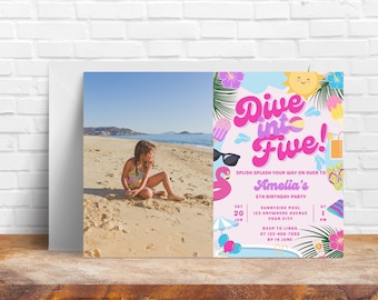 Dive Into Five Birthday Invitation With Photo. Printable Summer Girls 5th Birthday Invite. Editable Template. Under The Sea Theme. HB03