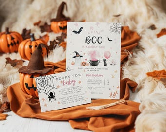 A Little Boo Is Almost Due Baby Shower Invitation Bundle Girl. Printable Halloween Pink Ghost Invite Set. Editable Instant Download. BS82