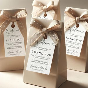 Notes de remerciement pour les sacs de bienvenue de mariage. Avis aux clients de l'hôtel. Étiquette de sac cadeau Merci. Modèle modifiable. Mariage à destination. Liste de valeurs