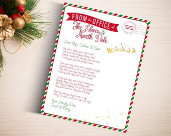 May include: A red and green striped letter from the office of the elves at the North Pole. The letter is addressed to Rhys, Callum, and Evan. The letter includes a poem about the elves bringing holiday cheer and magic. The letter is signed by Trixie and Fritzy.