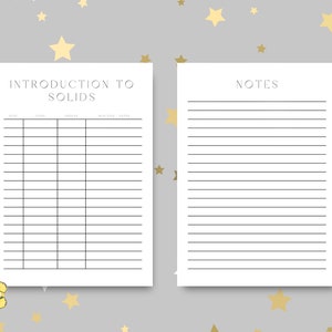 Op de afbeelding: Printbare werkblaad met de titel "Introductie tot vaste stoffen" en een tabel met kolommen voor datum, voedsel, vaste stoffen en notities. Een tweede pagina met de titel "Notities" heeft gestreept papier om op te schrijven.