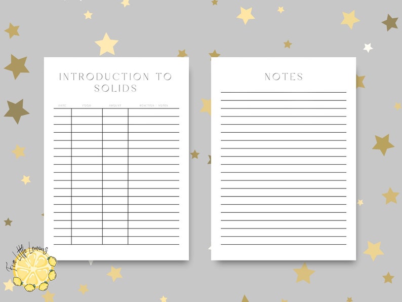 Op de afbeelding: Printbare werkblaad met de titel "Introductie tot vaste stoffen" en een tabel met kolommen voor datum, voedsel, vaste stoffen en notities. Een tweede pagina met de titel "Notities" heeft gestreept papier om op te schrijven.